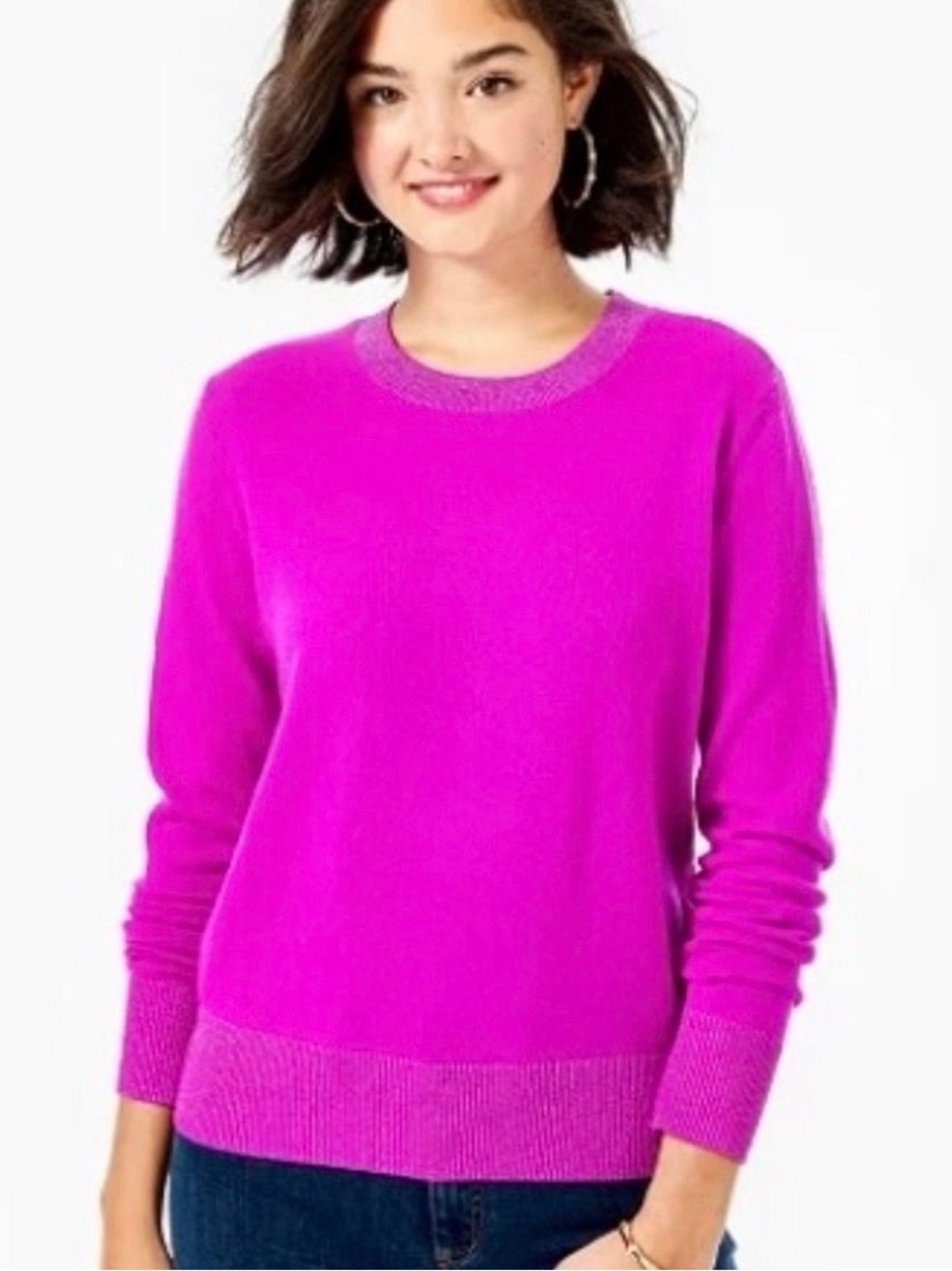 Lily Pulitzer Bright Magenta Purple Crewneck Sweater Sparkle Trim 100% Cashmere